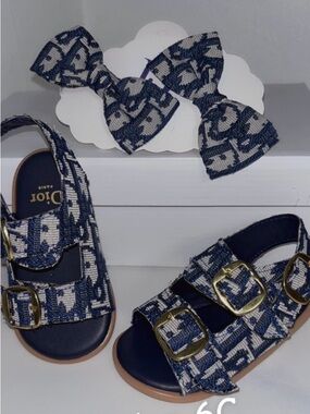 Kids Navy & Cream Jacquard Sandals with Hair Bow
